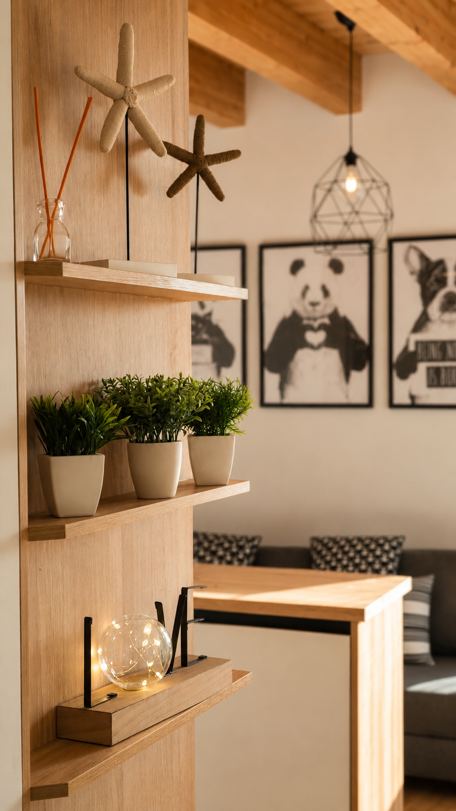 Estantería de madera con plantas y detalles decorativos en primer plano
