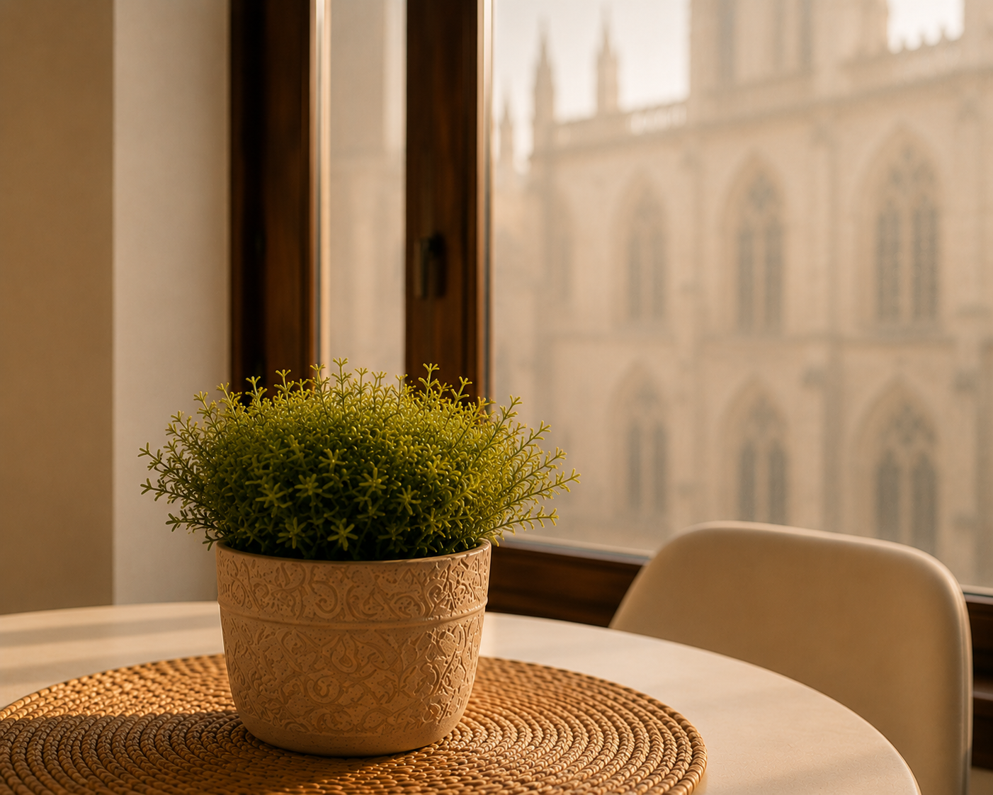 Mesa redonda con planta decorativa y la Catedral desenfocada al fondo