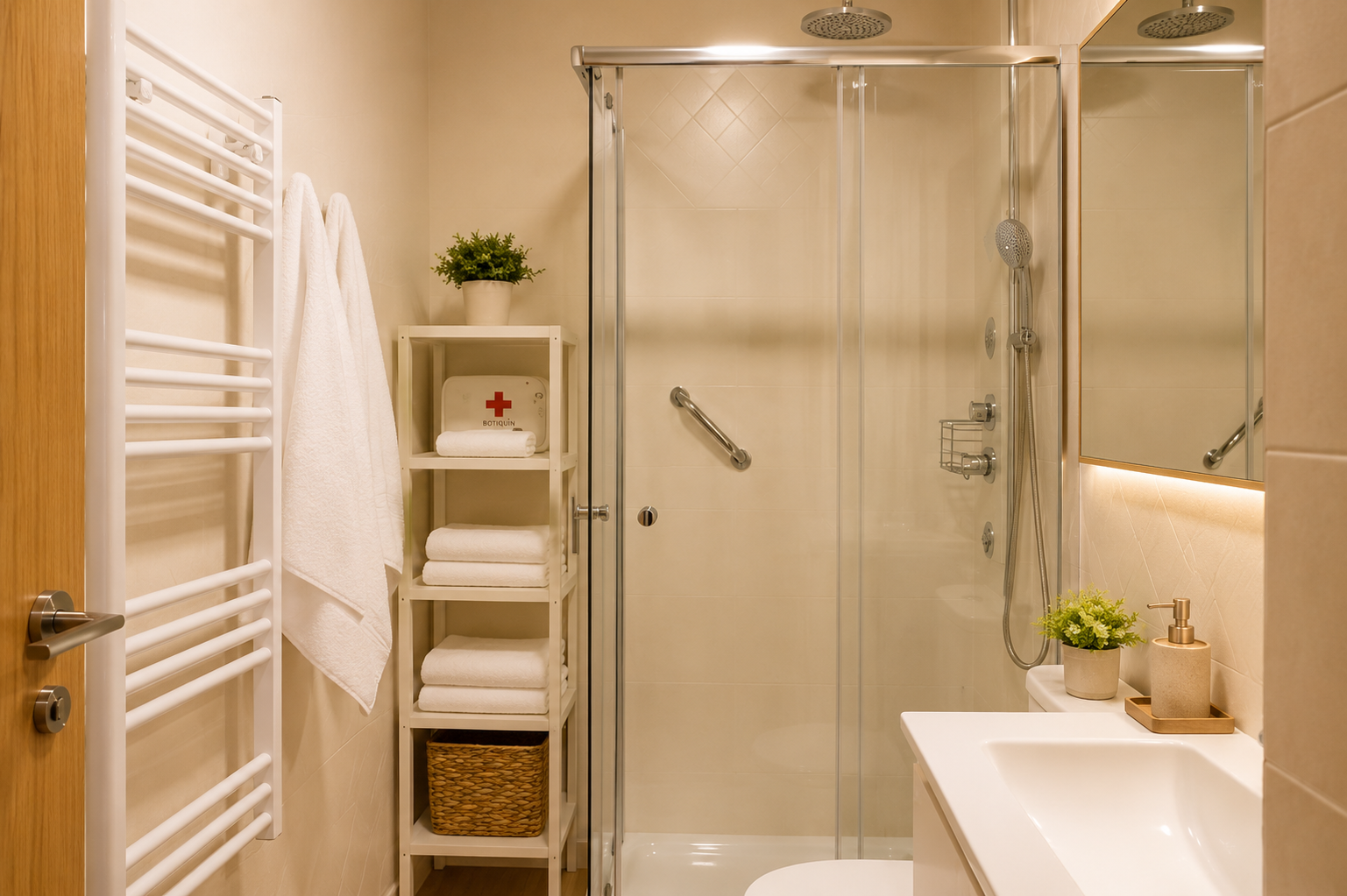 Baño moderno del apartamento con ducha, toallero y amenities
