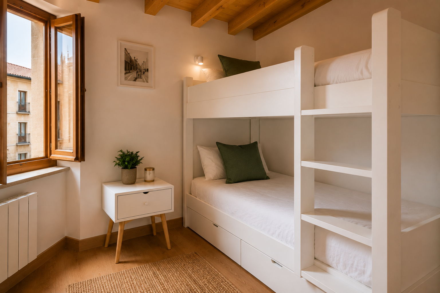 Habitación con literas y ventana al casco histórico