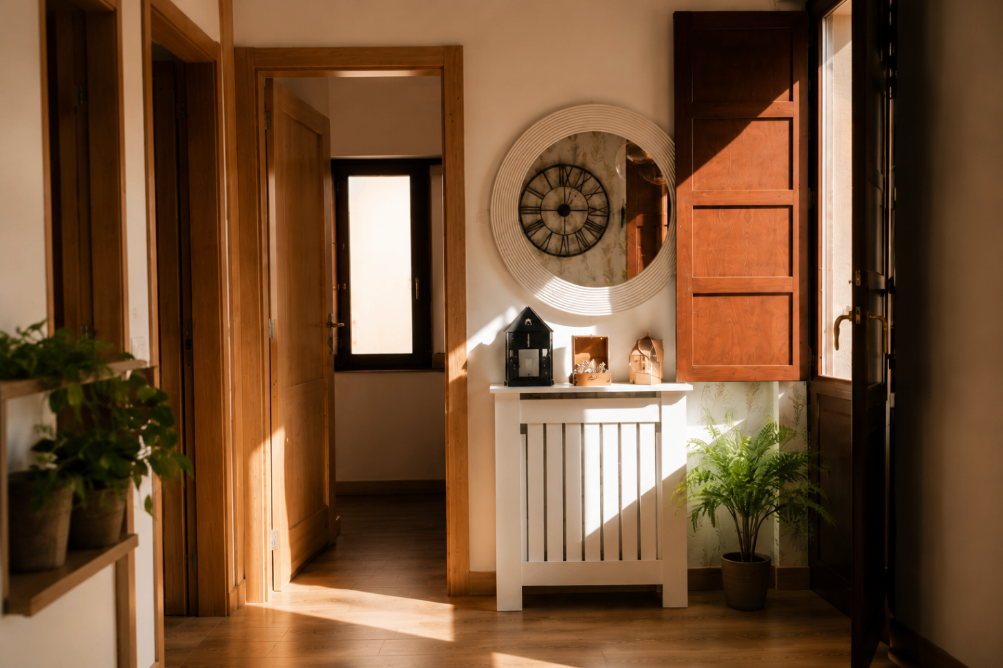 Entrada del apartamento con espejo redondo, luz dorada y carpintería de madera